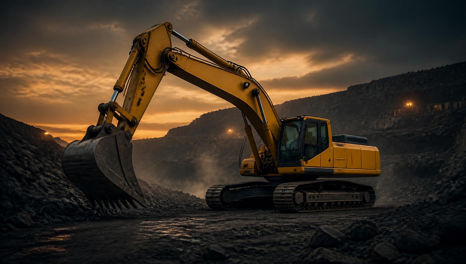 Excavator working in a quarry at dusk