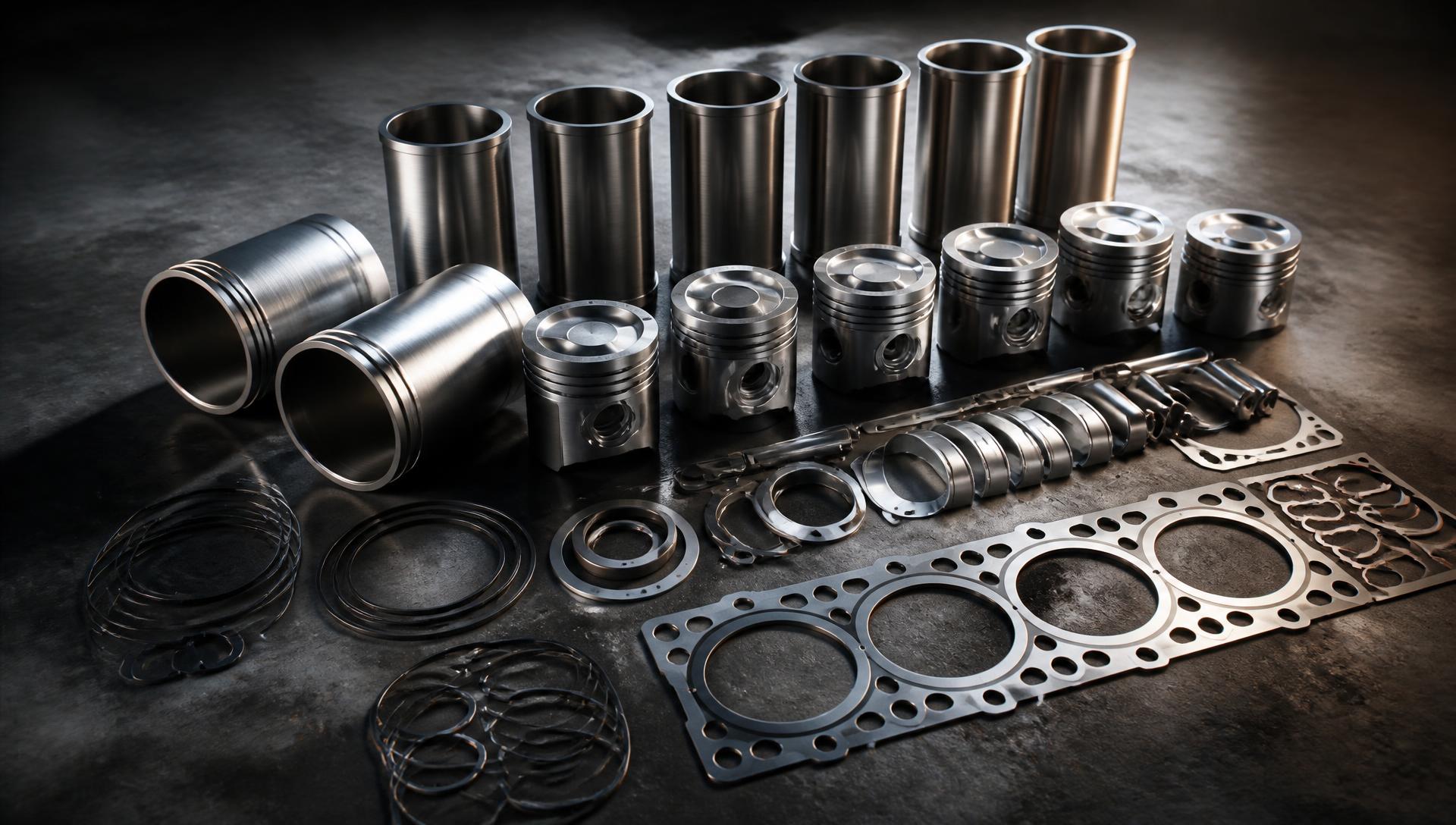 Cylinder liners, pistons and gasket kits laid out