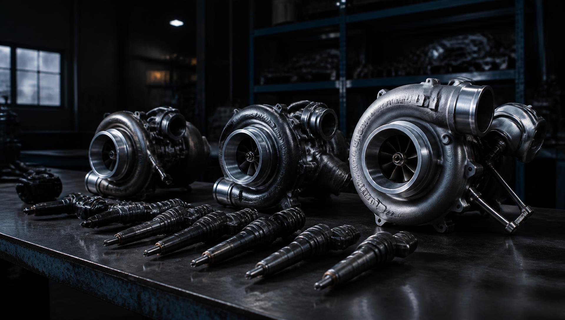 Turbochargers and fuel injectors on a workbench